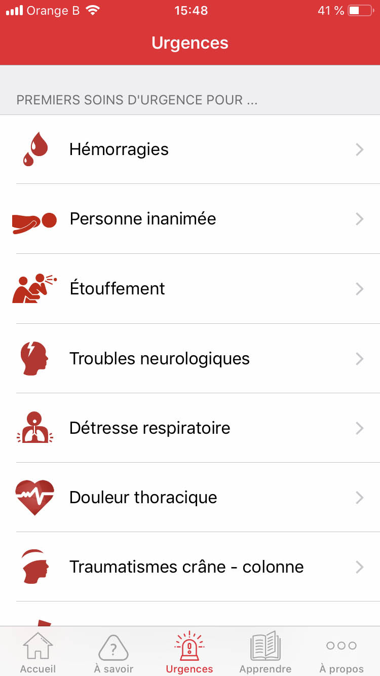 Exemple de la page d'urgences de l'application croix-rouge